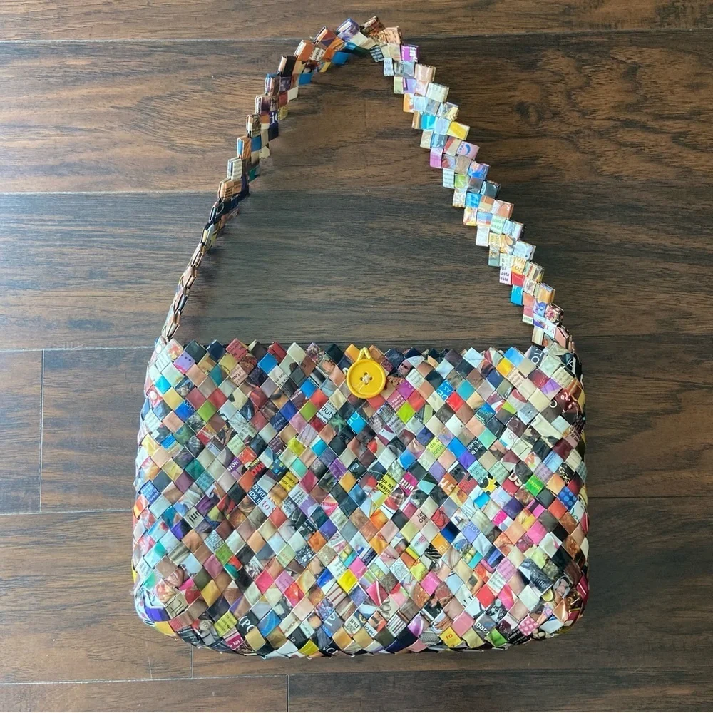Two Recycled Colorful Woven Wrapper Bags- One Big & One Small Handbag - Picture 12 of 16